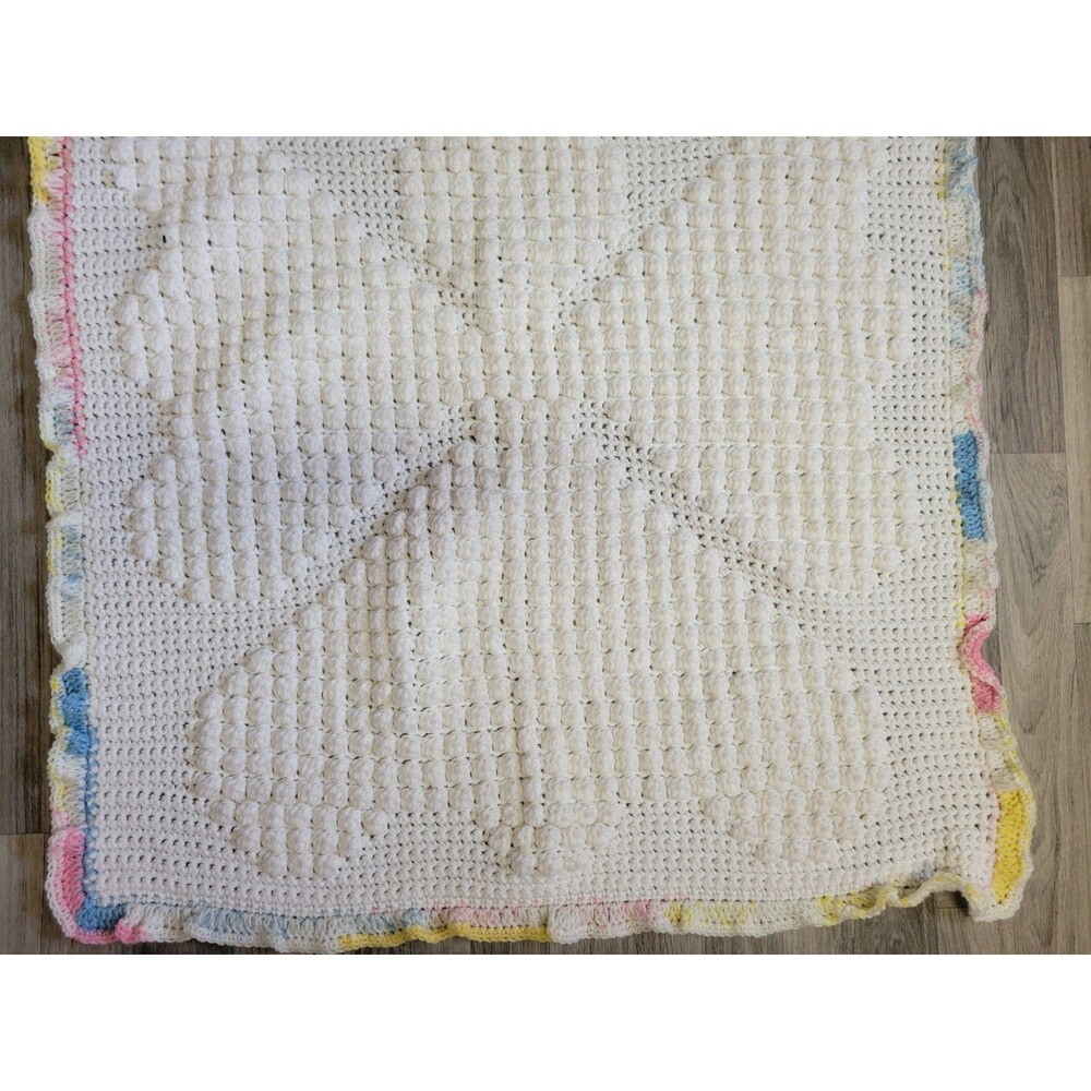 Vintage White Handmade Baby Blanket Crochet 3D Raised Angel 33”x32” Pink Blue